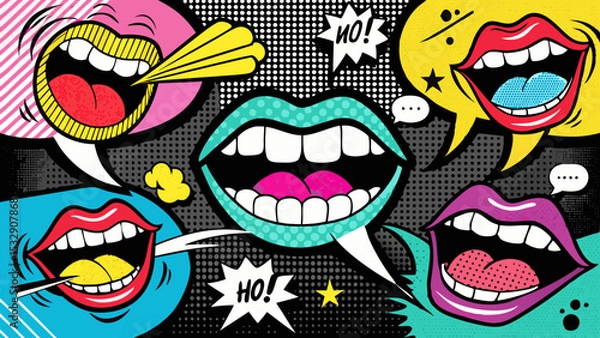 Fototapeta Trendy Pop Art Mouths and Colorful Speech Bubbles in Retro Comic Style Collage on Black  Generative AI