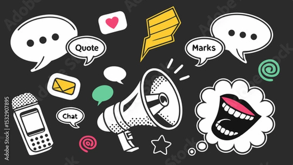 Fototapeta Trendy Pop Art Mouths and Colorful Speech Bubbles in Retro Comic Style Collage on Black  Generative AI