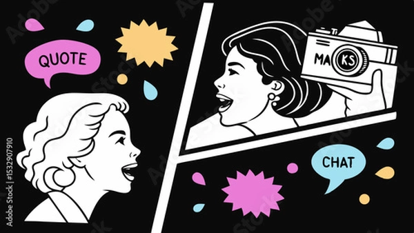 Fototapeta Trendy Pop Art Mouths and Colorful Speech Bubbles in Retro Comic Style Collage on Black  Generative AI