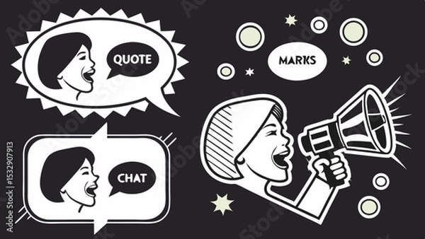 Fototapeta Trendy Pop Art Mouths and Colorful Speech Bubbles in Retro Comic Style Collage on Black  Generative AI