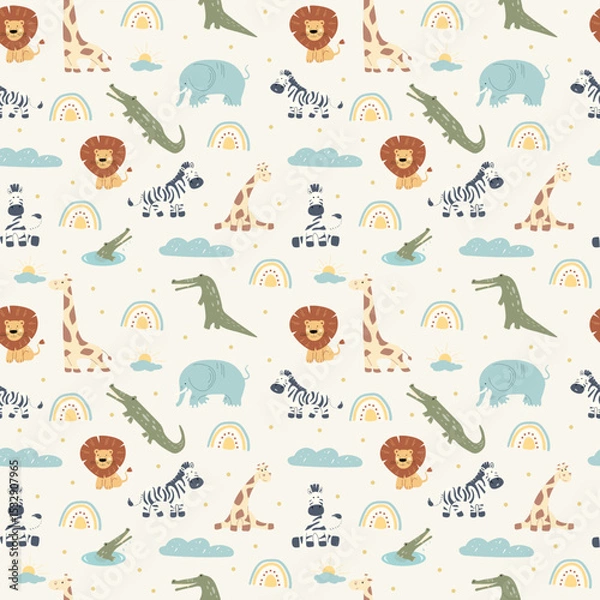 Fototapeta This delightful nursery wall art showcases a seamless pattern of safari animals including lions, giraffes, zebras, and crocodiles. Perfect for adding playful charm to any child's room.