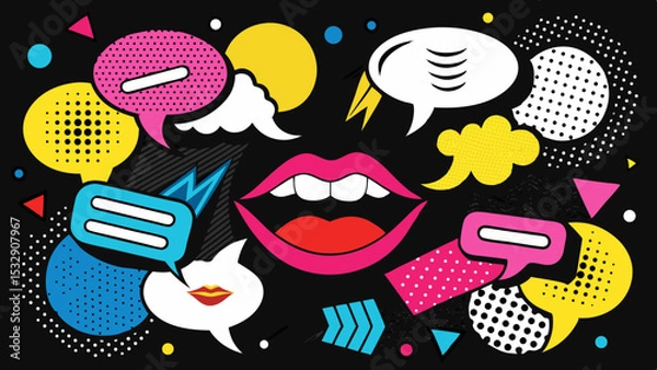 Fototapeta Trendy Pop Art Mouths and Colorful Speech Bubbles in Retro Comic Style Collage on Black  Generative AI