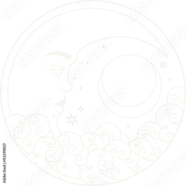 Fototapeta Depicting lunar face, crescent moon in double border, swirling clouds and stars on clear background