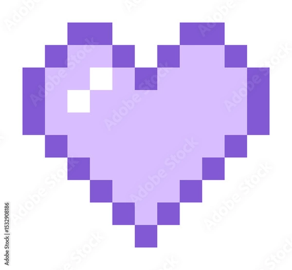 Fototapeta Pixel art heart is showing violet border and lavender fill, white gleam on transparent background