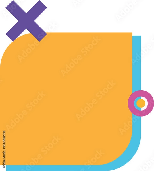 Obraz Showing flat orange rounded rectangle with blue border, purple X and pink ring on transparent bg