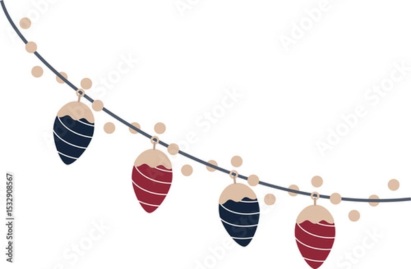 Obraz Showing flat vector garland hanging ivory bulbs and striped pinecone ornaments on transparent bg