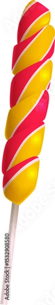 Obraz Twisted spiral lollipop is shining in 3D render with red yellow swirls, stick, transparent backdrop