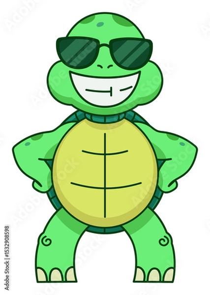 Obraz Cartoon turtle is standing in flat design, wearing dark green sunglasses on transparent background
