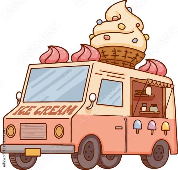 Obraz flat pastel ice cream truck is showing giant cone and popsicle stickers on transparent background