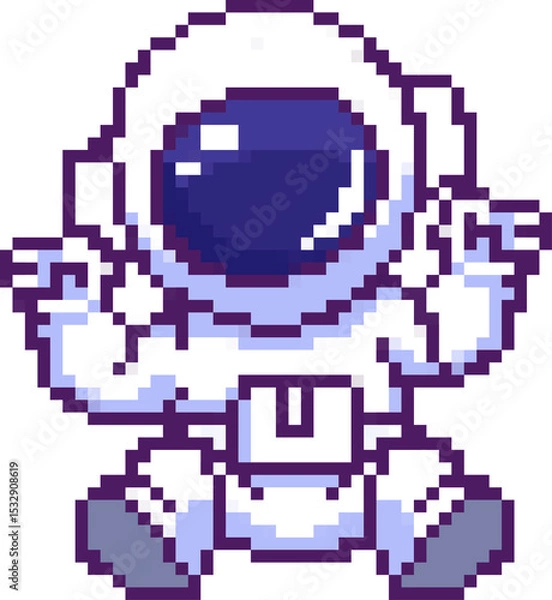 Fototapeta Pixel art astronaut is raising arms on transparent background, showing helmet visor and gray boots