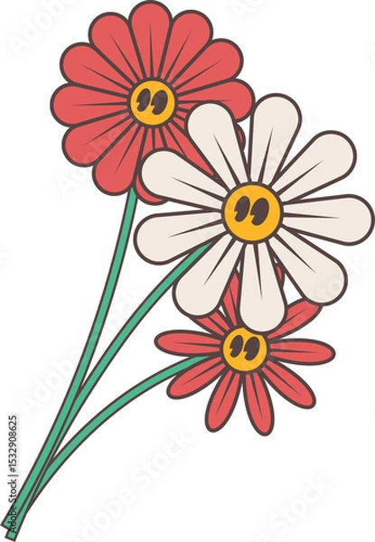 Fototapeta Flat art showing three daisies rising diagonally with transparent bg and yellow eye-like centers
