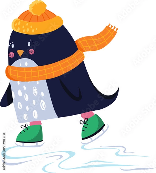 Fototapeta Cartoon penguin is ice skating on transparent backdrop with orange hat, checked scarf, green skates