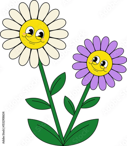 Obraz Pair of cartoon daisies smiling yellow faces with ivory and lavender petals on transparent backdrop