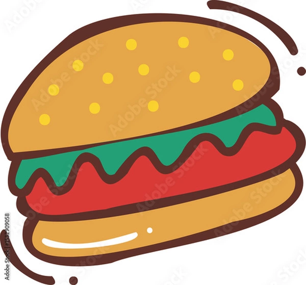 Fototapeta Flat cartoon hamburger is floating on transparent background showing sesame seed bun and layers