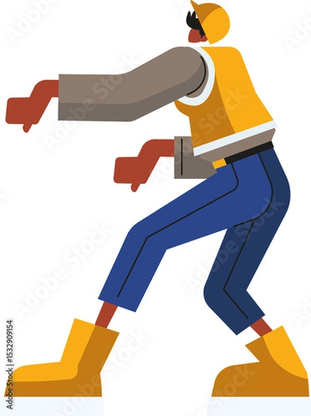 Obraz Vector builder is pushing machine, wearing yellow helmet, orange vest, yellow boots, transparent bg