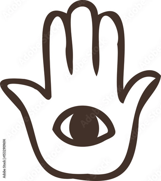 Fototapeta Hand emblem is showing dark brown line art with stylized eye on palm, on transparent background