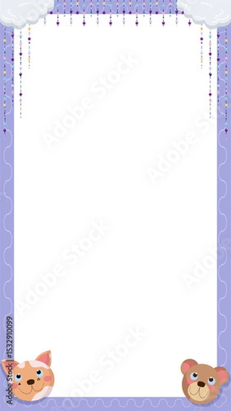 Obraz Purple frame is showcasing cloud-hung heart star arrow garlands with cat bear heads, copy space