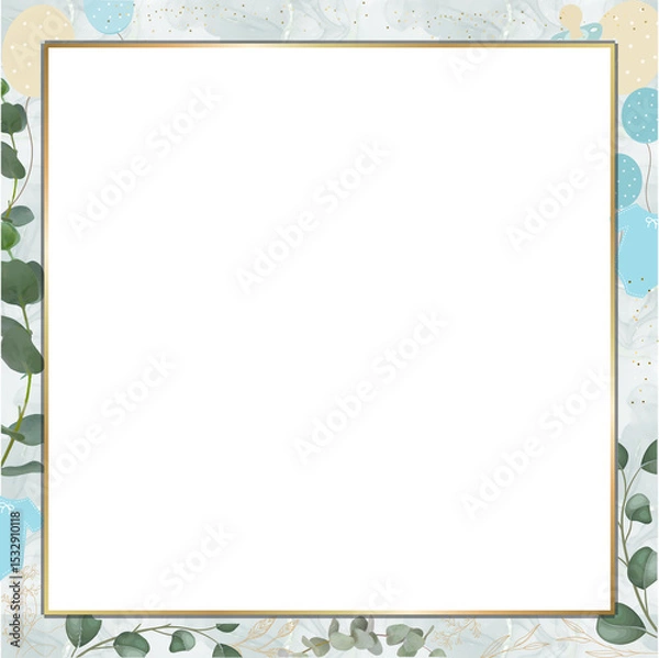 Obraz Flat slate card is showing gold trim, eucalyptus, balloons, onesies, gold flecks, transparent png