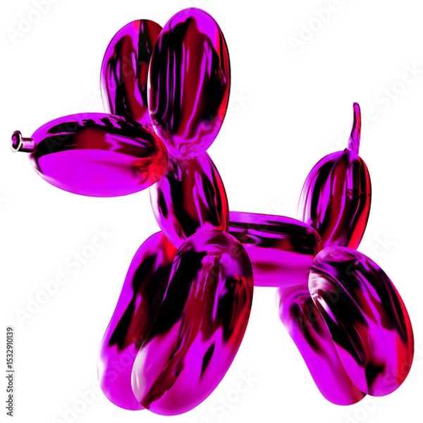 Obraz Reflective metallic balloon dog is floating on transparent background, shining pink-purple segments