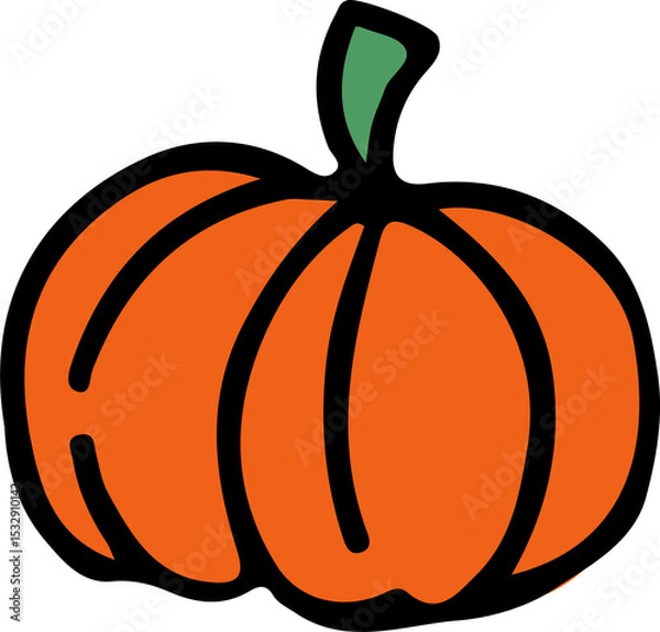 Fototapeta Orange cartoon pumpkin is showing flat vertical ridges and green stem on transparent background