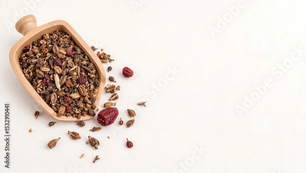 Fototapeta Assorted Herbal Tea Blend in Wooden Scoop on Rustic Burlap Cloth on a white background