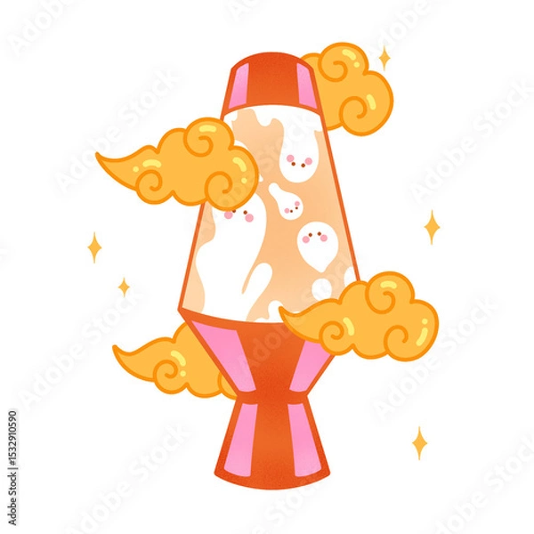 Obraz Vector lava lamp is glowing on transparent backdrop with ghost blobs, gold cloud swirls, copy space