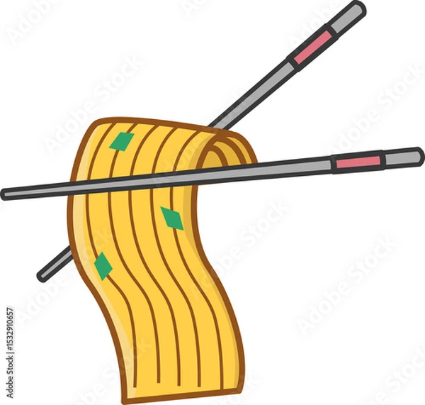 Fototapeta Flat design yellow noodles are draping on chopsticks with pink bands, green bits on transparent
