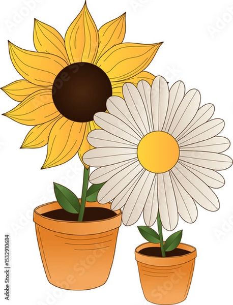Fototapeta Yellow sunflower and daisy are standing in flat design in terracotta pots, transparent background