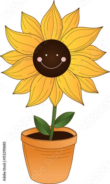 Obraz Sunflower is smiling in terracotta pot with green leaves in flat design on transparent background