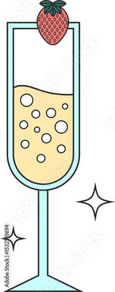 Obraz Flat design champagne glass is showing bubbly with strawberry and sparkles, transparent background