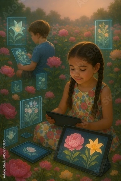 Fototapeta Children Learning Botany with Augmented Reality in a Flower Garden (AI Generated)