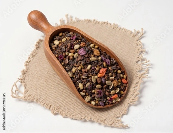 Fototapeta Assorted Herbal Tea Blend in Wooden Scoop on Rustic Burlap Cloth