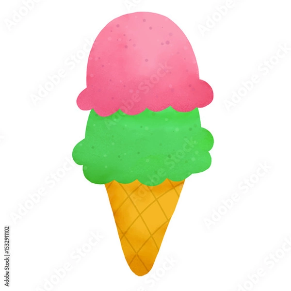Obraz Cartoon two-scoop ice cream in waffle cone showing pink and green scoops, transparent background