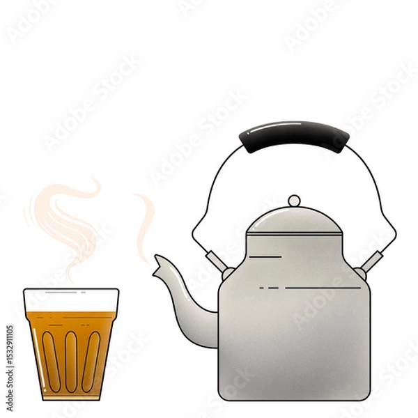 Obraz Flat design is showing metal kettle and glass tea cup with steam wisps on transparent background