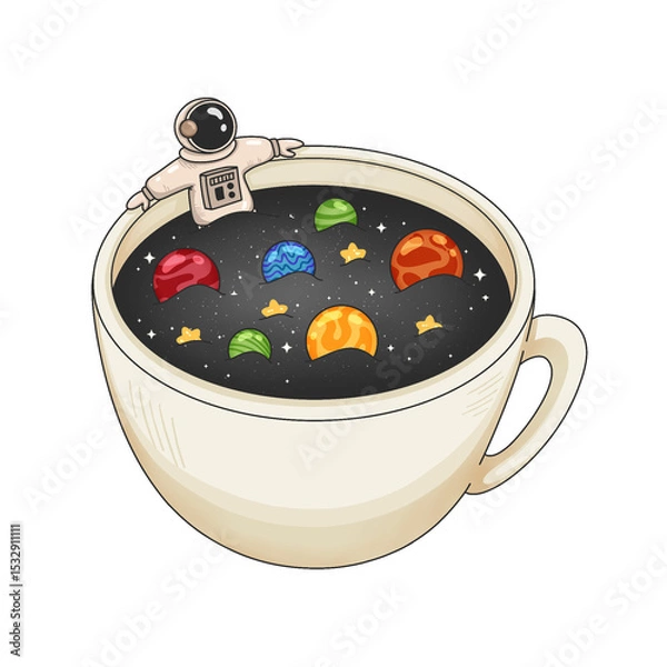 Fototapeta Flat design is showing astronaut leaning on cup, planets floating in drink, transparent background