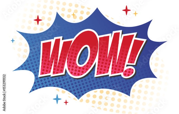 Obraz 'WOW!' text is popping in comic burst bubble with yellow halftone dots, transparent background