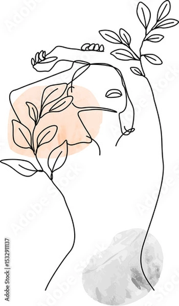 Fototapeta Abstract form is reclining in sketch with branches, peach oval, gray circle, transparent background