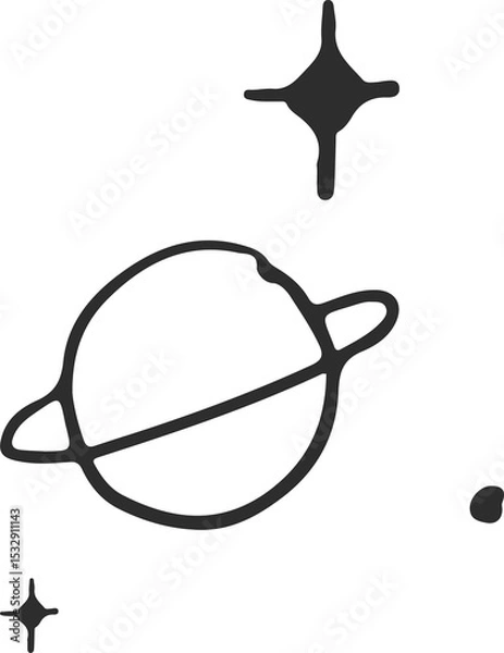 Fototapeta Outlined ringed planet floating among glowing stylized stars and dot, transparent background