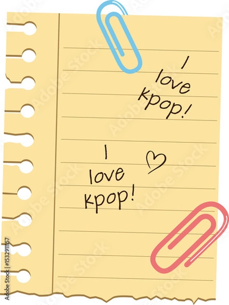Fototapeta Vector notebook page is floating on transparent background with blue and pink clips, kpop scribbles