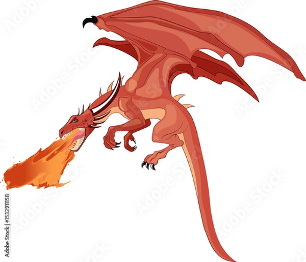 Fototapeta Red dragon is breathing blazing fire, soaring with wide wings in flat design, transparent backdrop