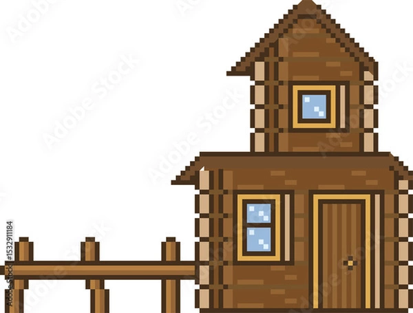 Fototapeta Pixel-art wooden cabin is standing on transparent background with slanted roof dock and door