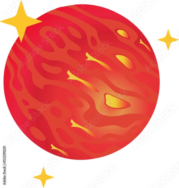 Fototapeta Flat design red planet with orange swirls is floating on transparent background with 3 yellow stars
