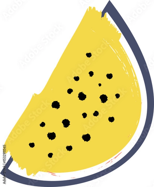 Obraz flat yellow watermelon slice is floating with rough strokes and black seeds on transparent backdrop