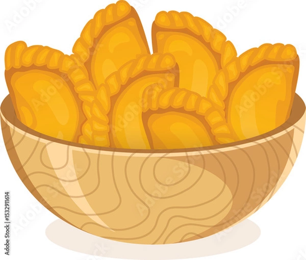 Fototapeta Vector illustration showing wooden bowl holding golden dumplings on clear background, copy space