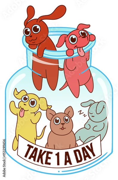 Fototapeta Showing five cartoon dogs inside flat pill-bottle jar with banner on transparent background