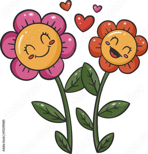 Obraz Two smiling cartoon flowers are showing floating hearts on transparent background, flat design