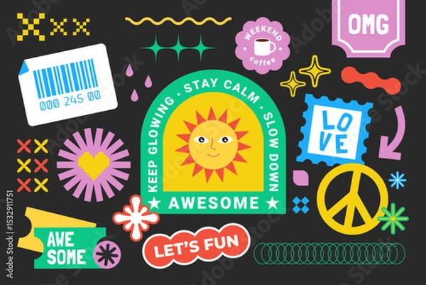 Fototapeta Funky hipster retrowave stickers in geometric shapes. Retro-style fun Y2K graphic collection of cool cute stickers, trendy patches, tags in groovy style. Vector illustration of y2k, 90s labels