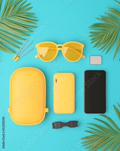 Obraz Flat lay of Travel Accessories with Sunglasses and Gadgets on Tropical Background, ideal for summer vacation themes.