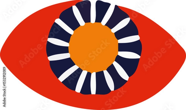 Fototapeta Flat abstract eye is floating on transparent background, orange center and white-striped navy ring