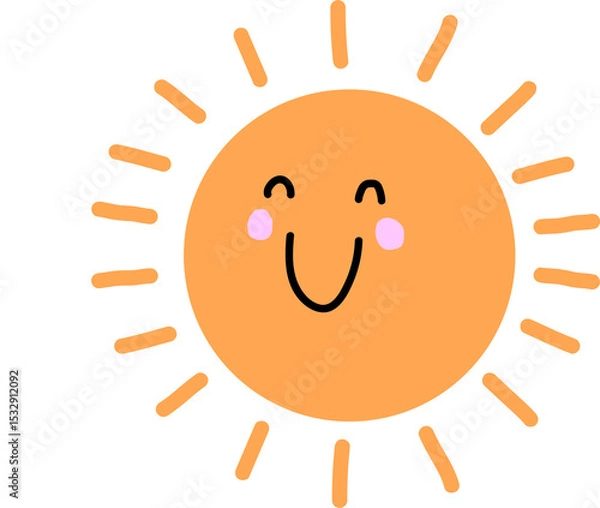 Obraz Smiling sun is shining with orange rays and fluffy cloud in flat design on transparent background
